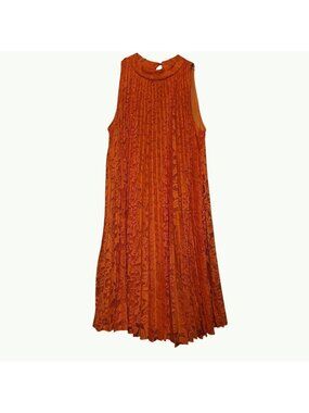 Orange Sleeveless Lace Pleated Midi Dress With Keyhole Back & Button Closure